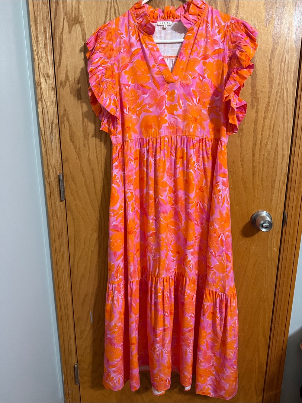 JODIFL Pink & Orange Floral Ruffle-Sleeve Maxi Dress with Pockets
